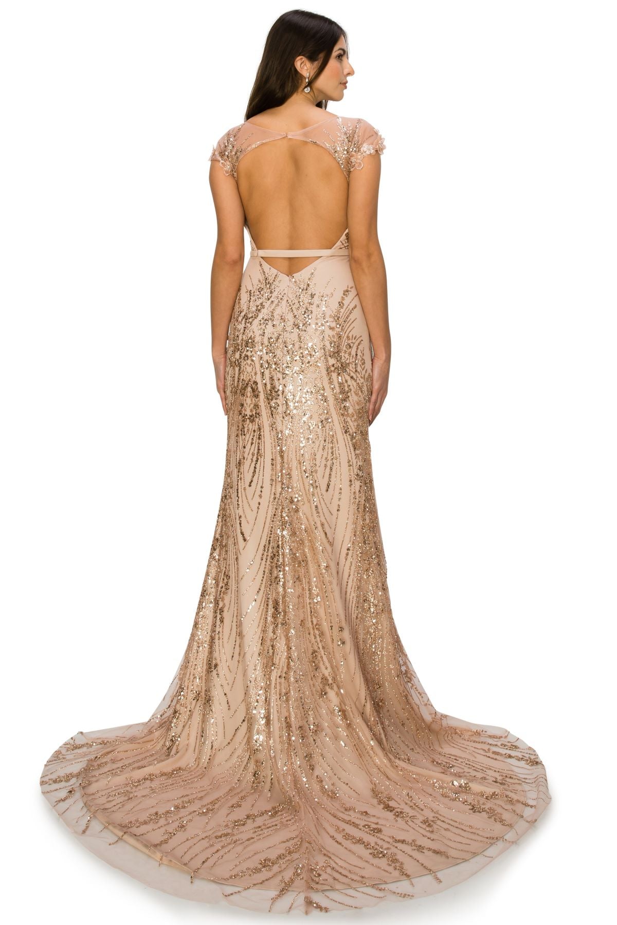 Sequin 3D Flowers Adorned with Glitter Column Dress - 8057J