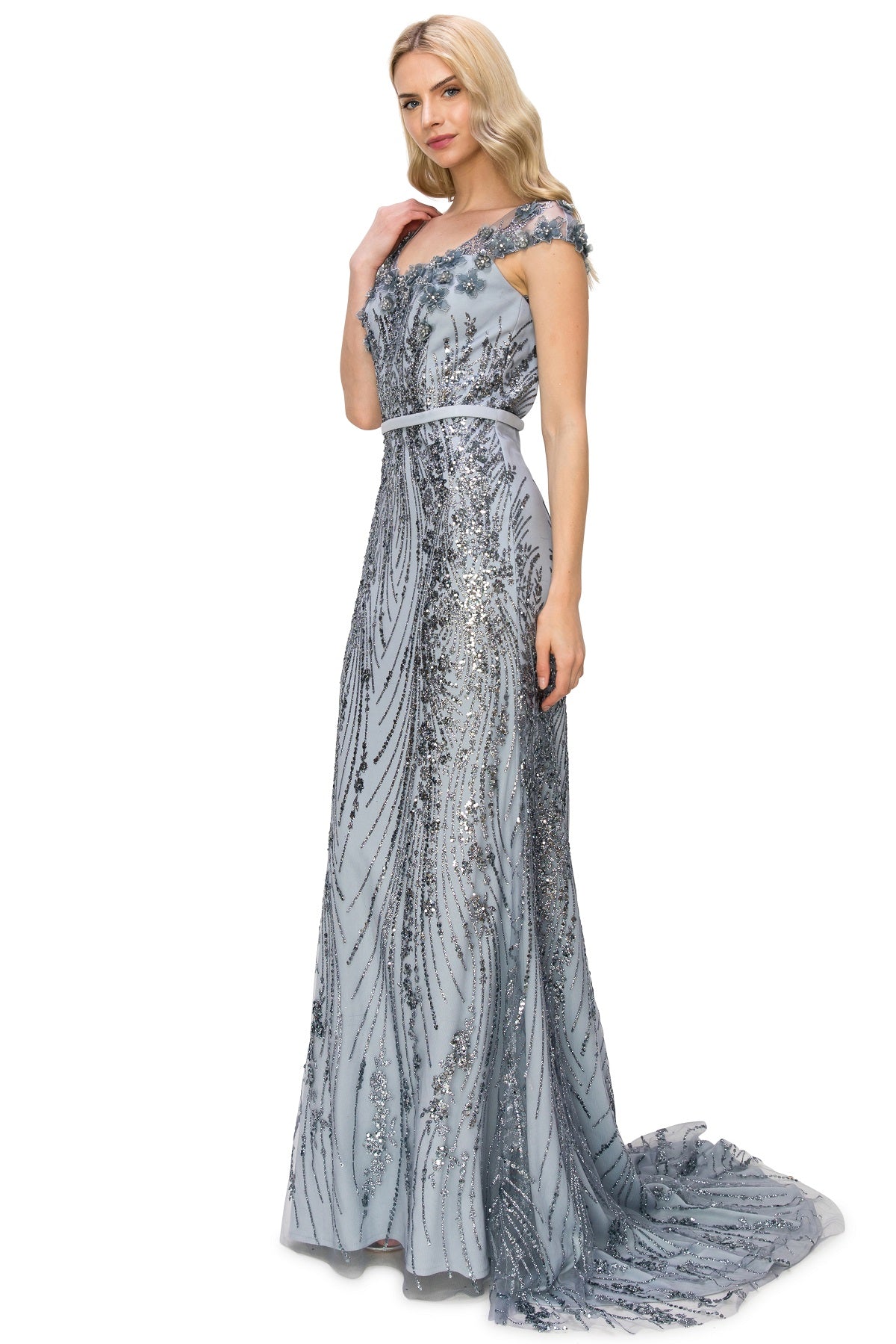 Sequin 3D Flowers Adorned with Glitter Column Dress - 8057J