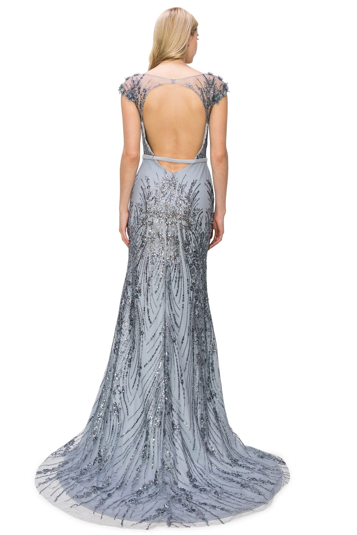 Sequin 3D Flowers Adorned with Glitter Column Dress - 8057J