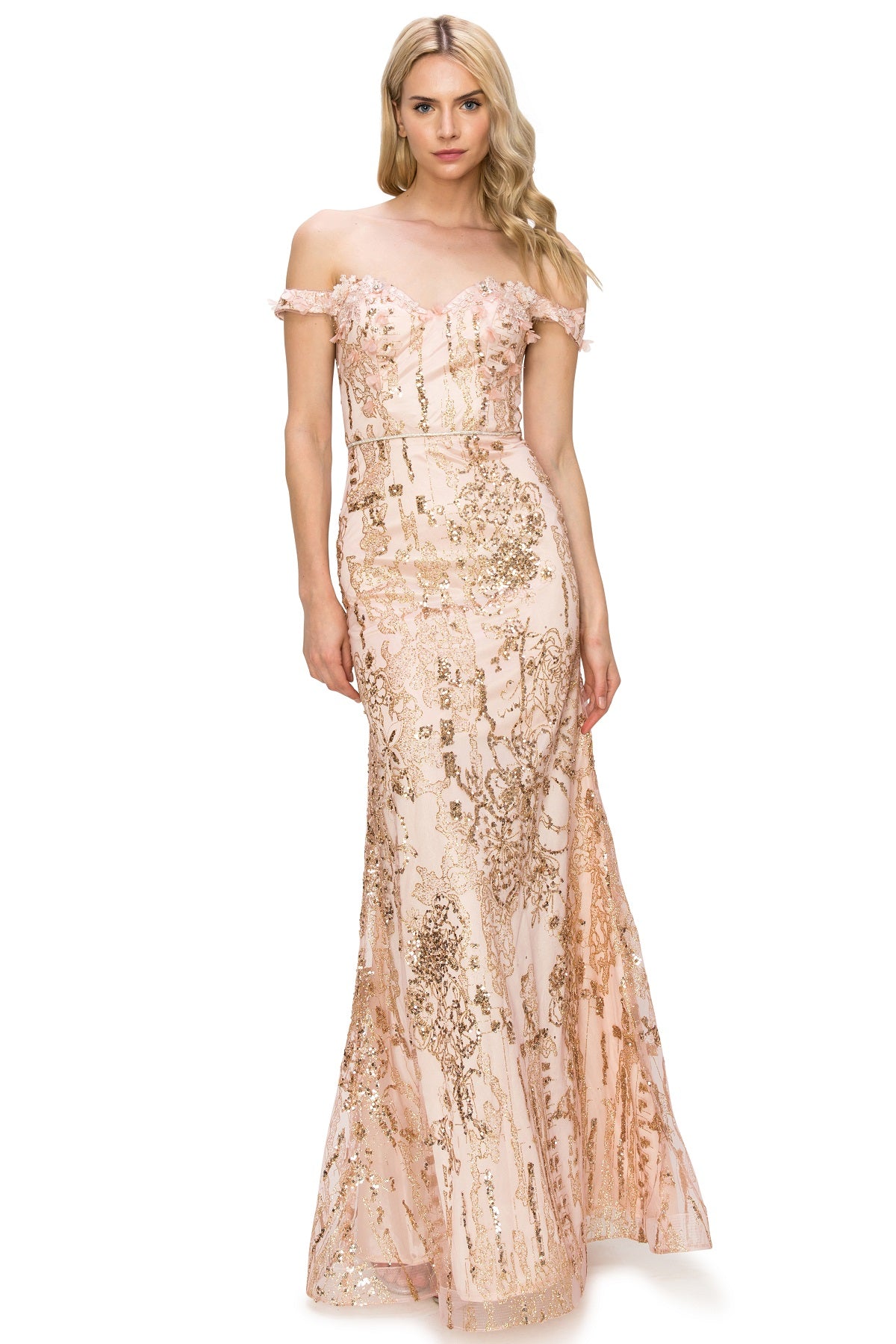3D Floral Applique Sequin Print Off-Shoulder Dress - 8058J