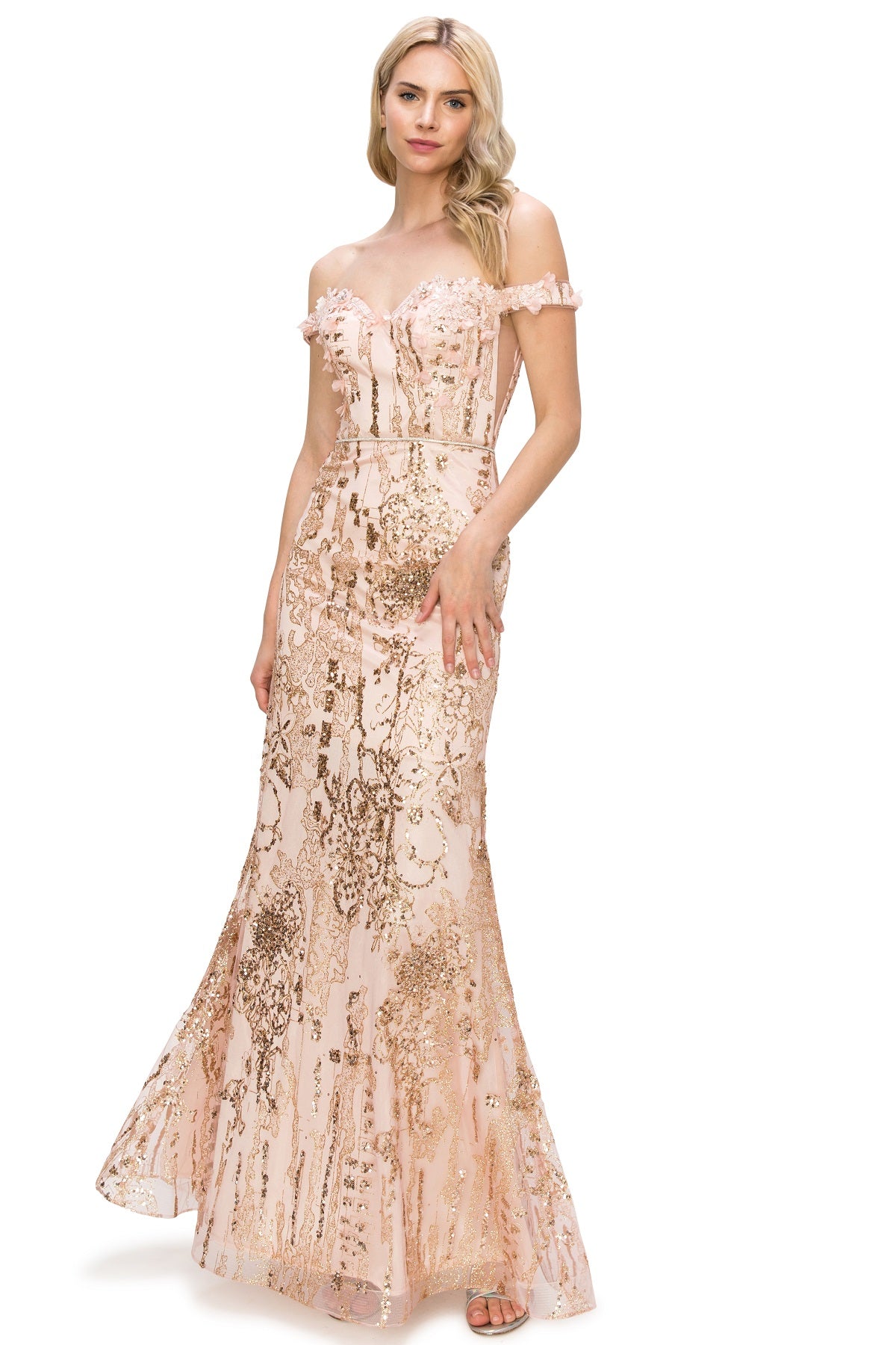 3D Floral Applique Sequin Print Off-Shoulder Dress - 8058J