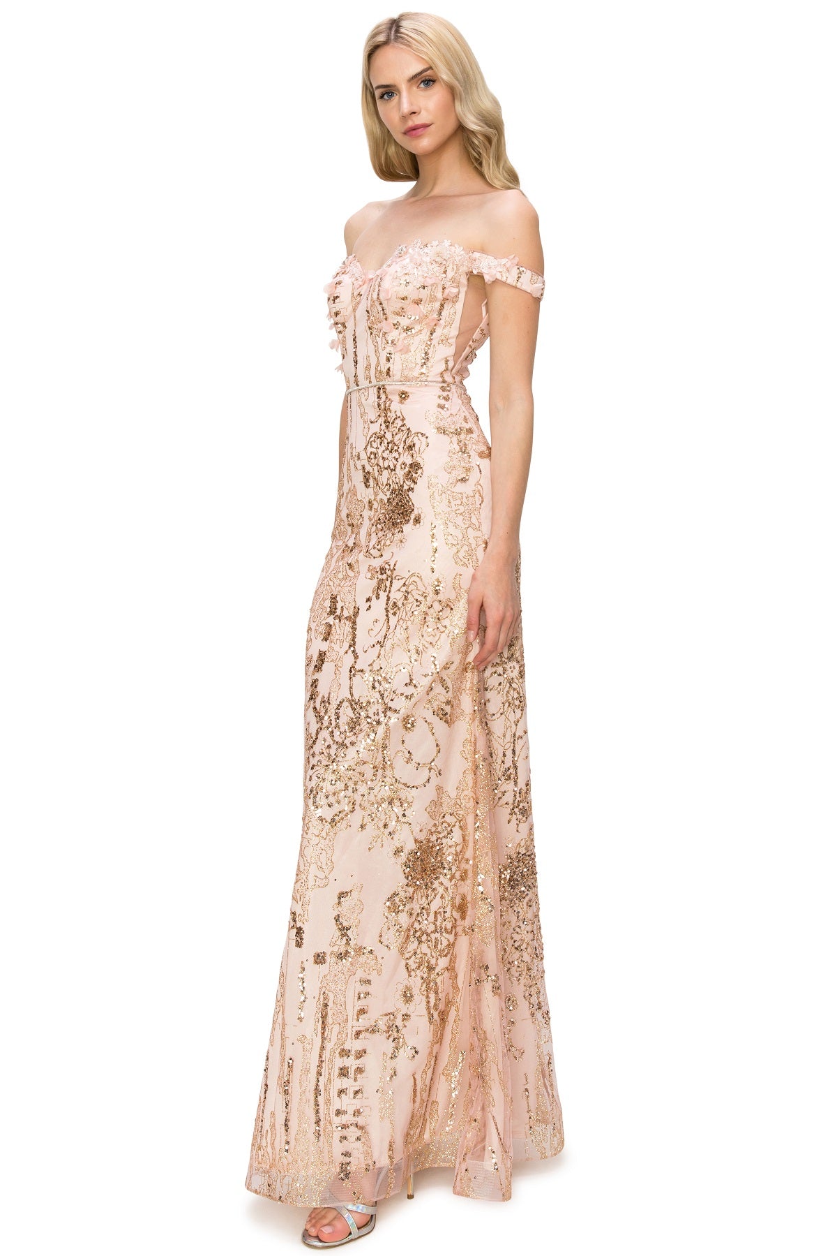 3D Floral Applique Sequin Print Off-Shoulder Dress - 8058J