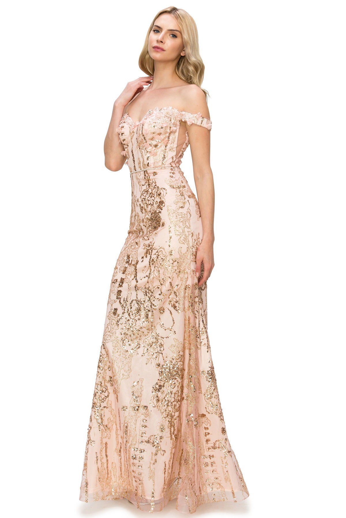 3D Floral Applique Sequin Print Off-Shoulder Dress - 8058J