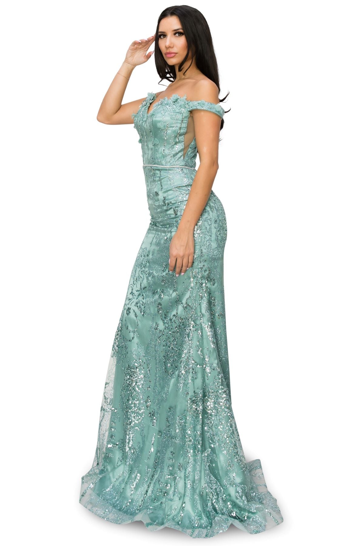 3D Floral Applique Sequin Print Off-Shoulder Dress - 8058J