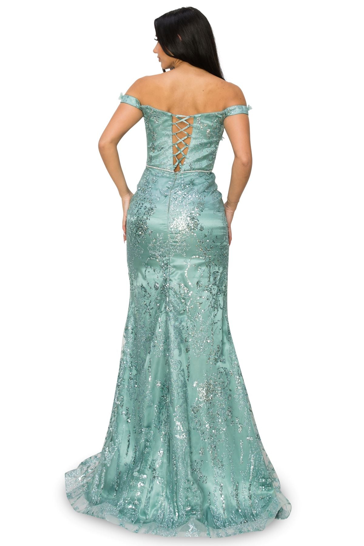 3D Floral Applique Sequin Print Off-Shoulder Dress - 8058J