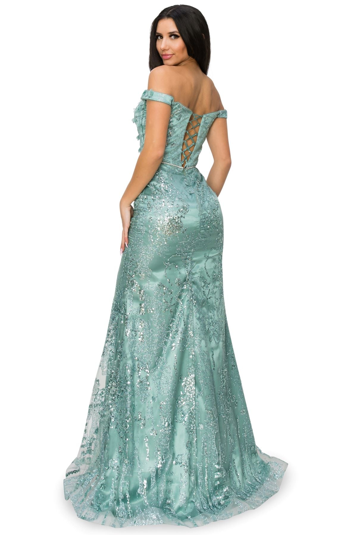 3D Floral Applique Sequin Print Off-Shoulder Dress - 8058J