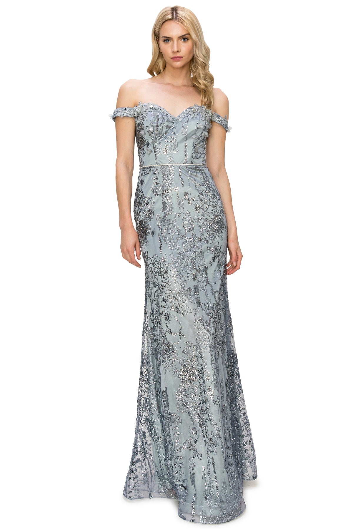 3D Floral Applique Sequin Print Off-Shoulder Dress - 8058J