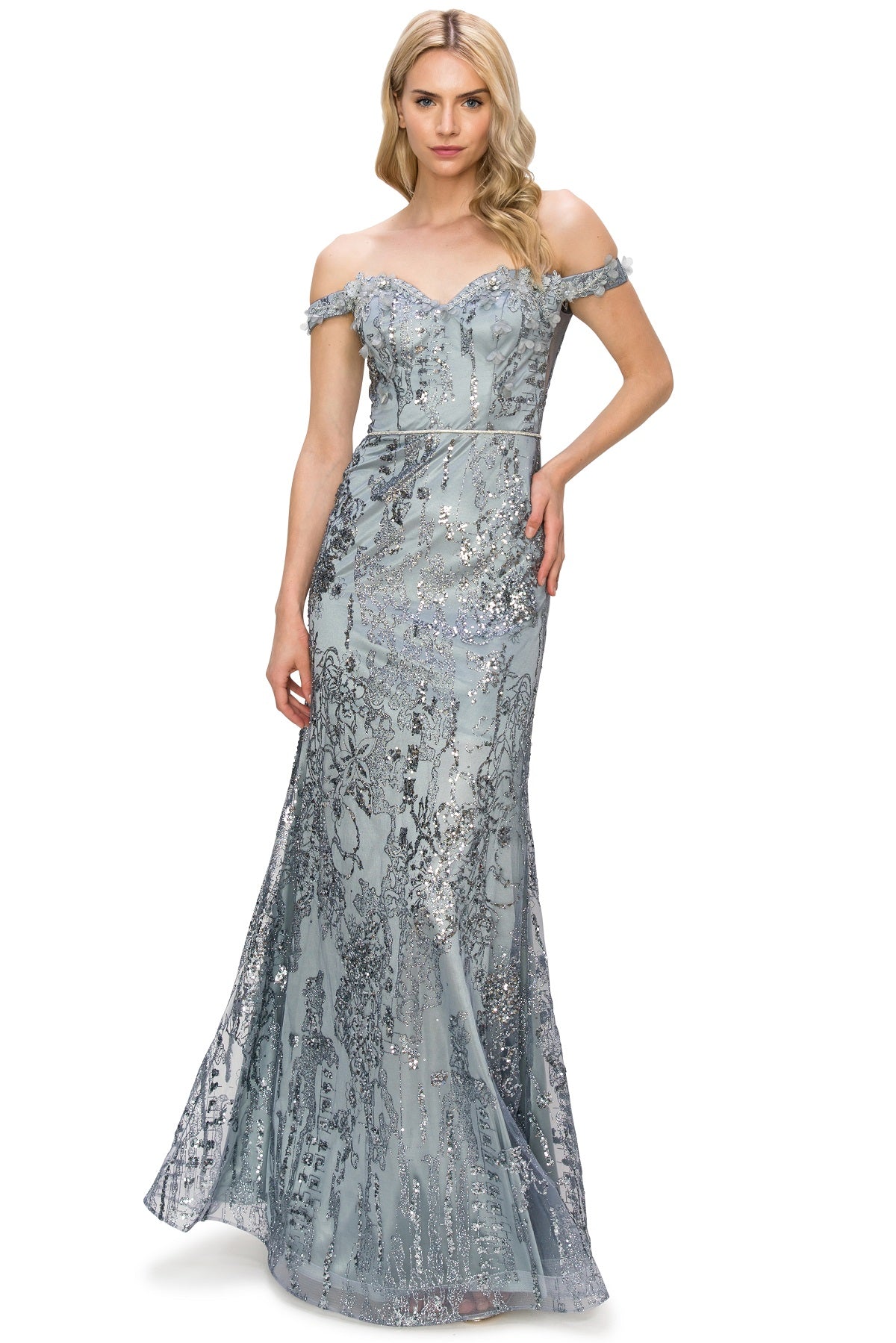 3D Floral Applique Sequin Print Off-Shoulder Dress - 8058J