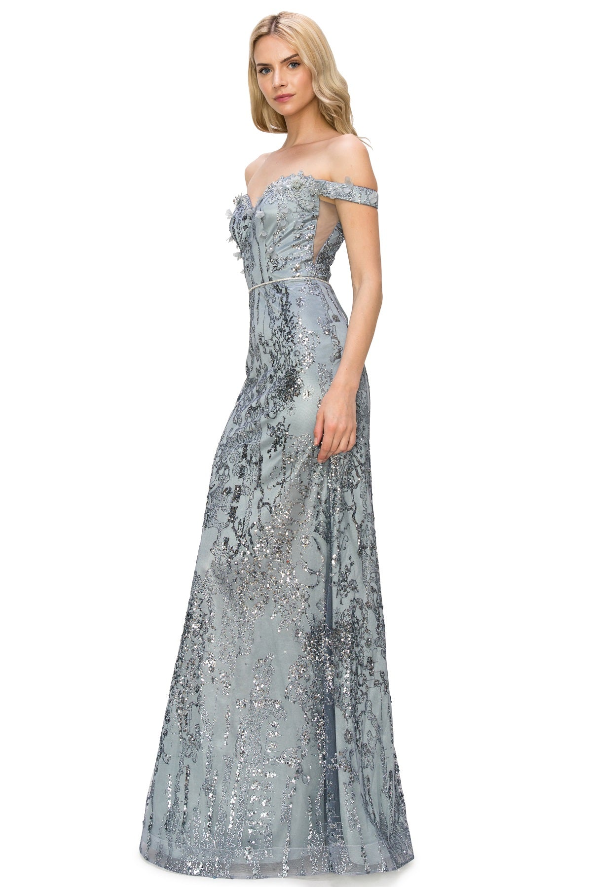 3D Floral Applique Sequin Print Off-Shoulder Dress - 8058J