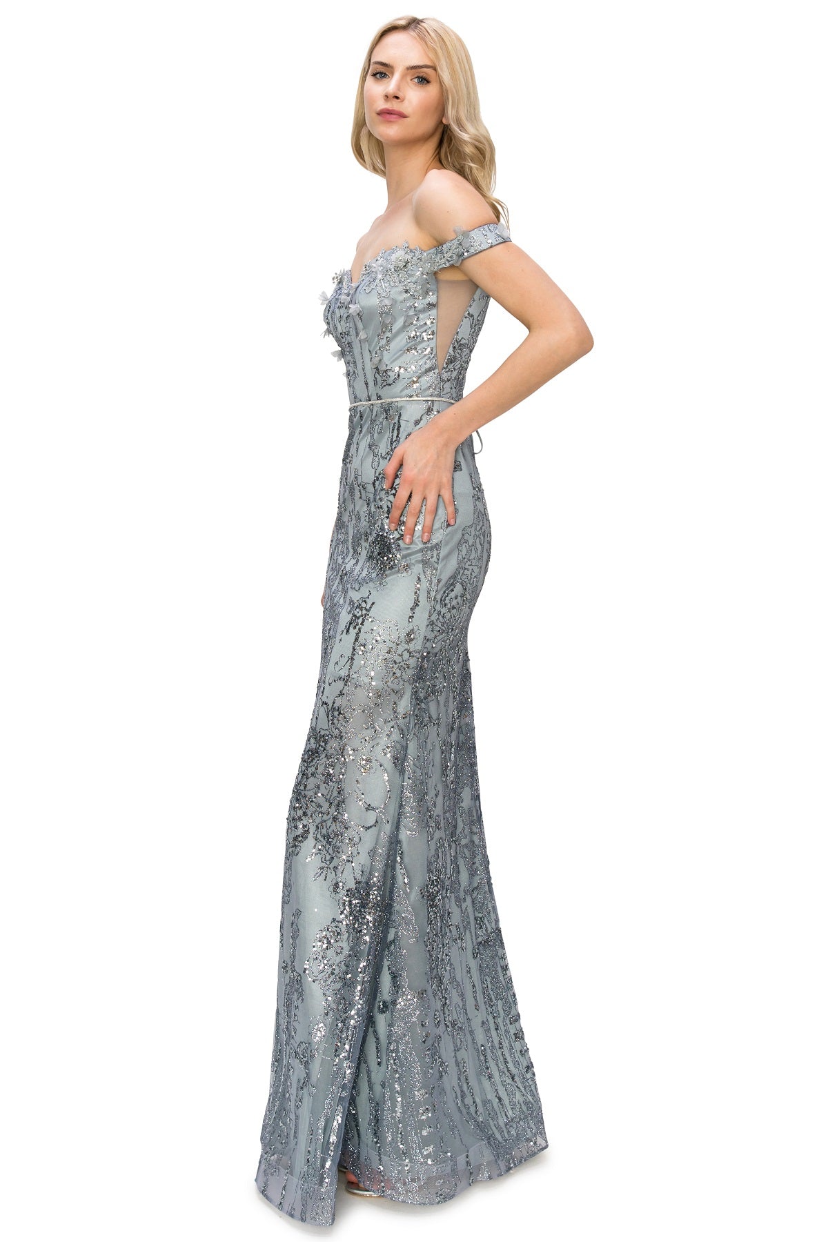 3D Floral Applique Sequin Print Off-Shoulder Dress - 8058J