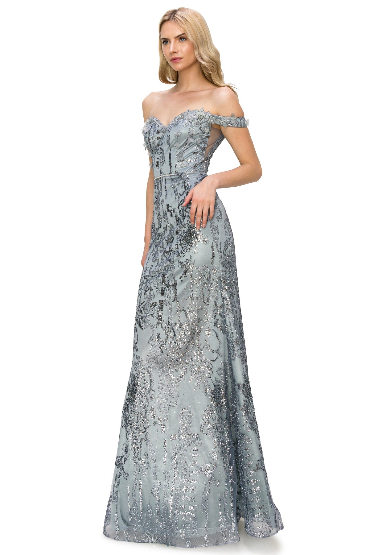 3D Floral Applique Sequin Print Off-Shoulder Dress - 8058J