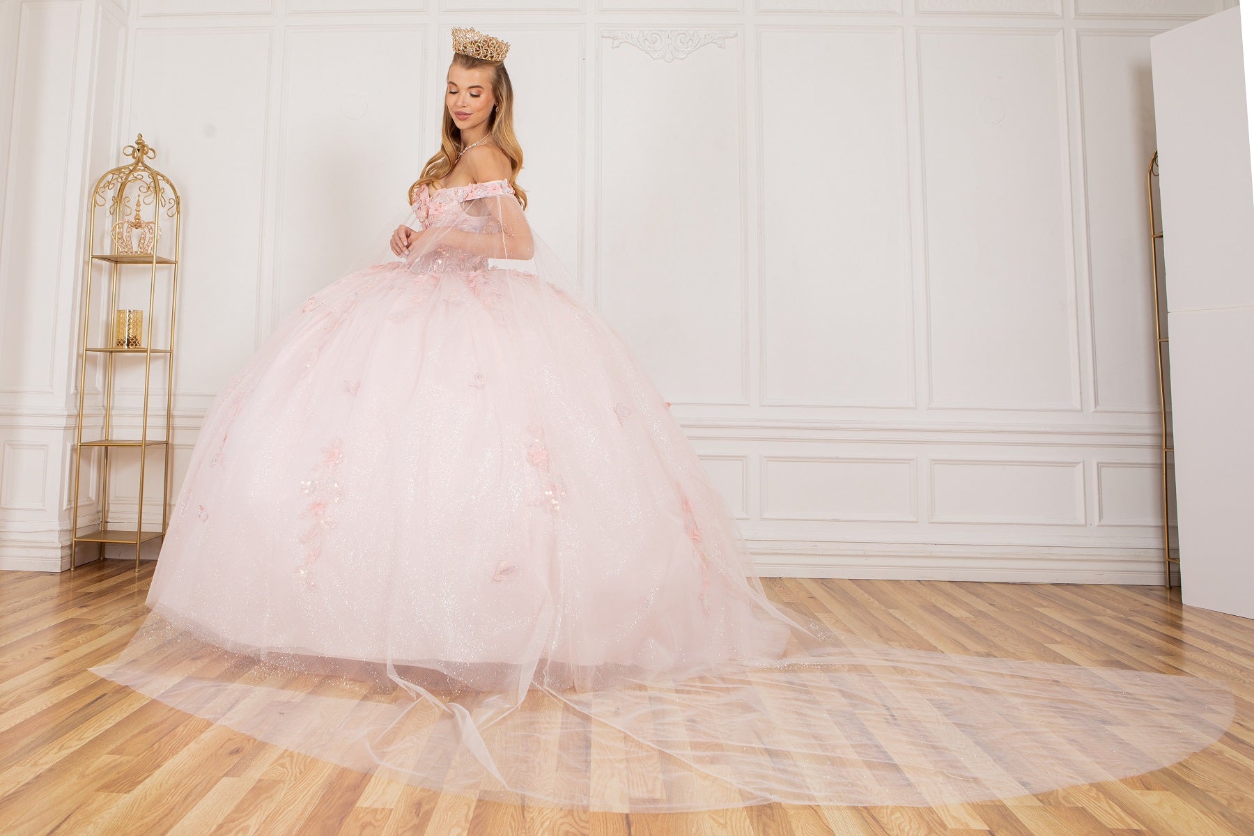 Off Shoulder Quinceañera Ball Gown with 3D Floral Appliqué and Detachable Shoulder Train - 8075J