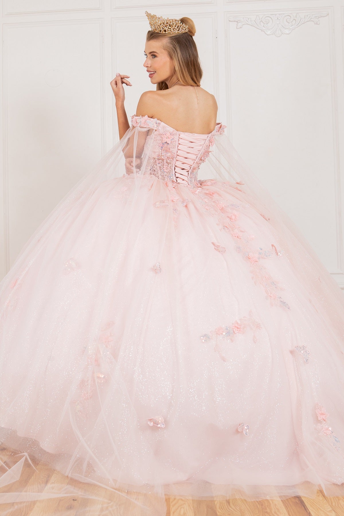 Off Shoulder Quinceañera Ball Gown with 3D Floral Appliqué and Detachable Shoulder Train - 8075J