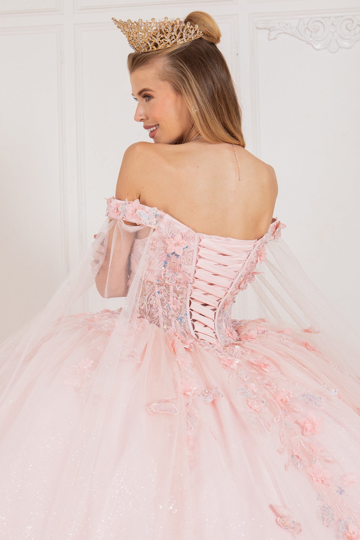 Off Shoulder Quinceañera Ball Gown with 3D Floral Appliqué and Detachable Shoulder Train - 8075J