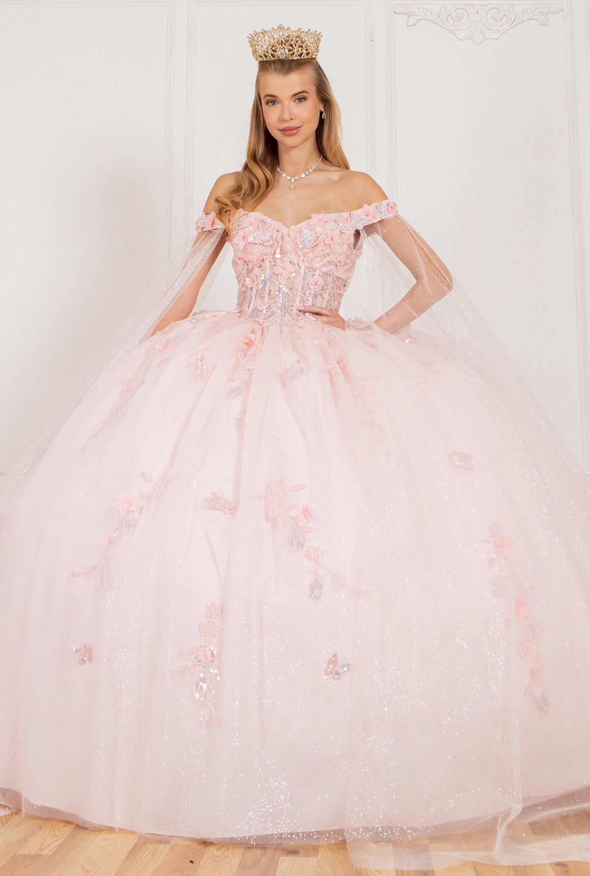 Off Shoulder Quinceañera Ball Gown with 3D Floral Appliqué and Detachable Shoulder Train - 8075J