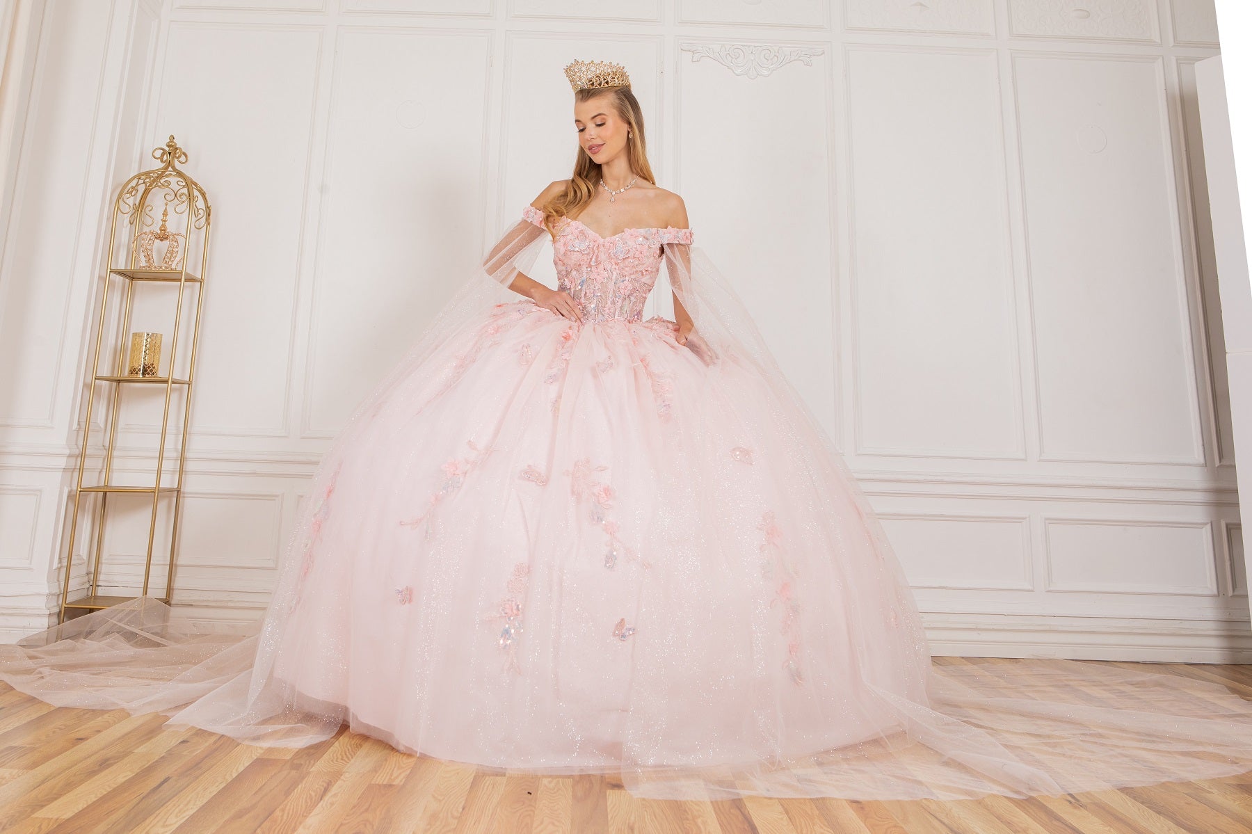 Off Shoulder Quinceañera Ball Gown with 3D Floral Appliqué and Detachable Shoulder Train - 8075J
