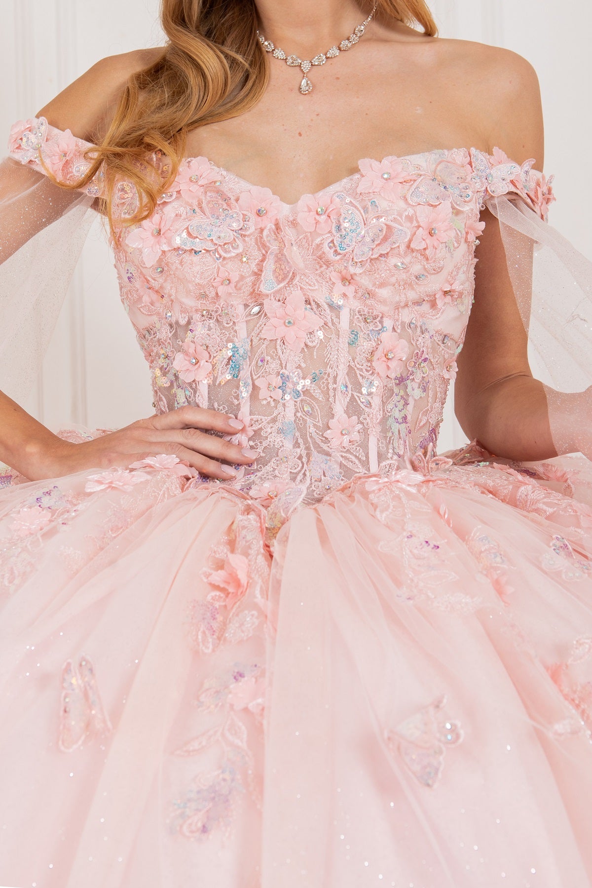 Off Shoulder Quinceañera Ball Gown with 3D Floral Appliqué and Detachable Shoulder Train - 8075J