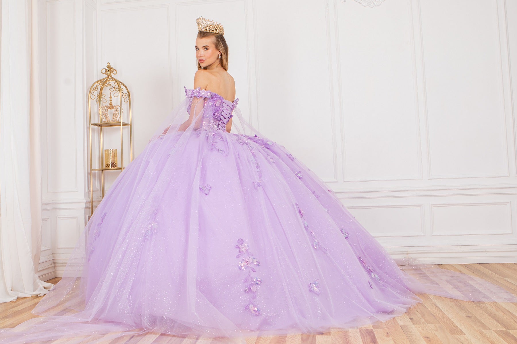 Off Shoulder Quinceañera Ball Gown with 3D Floral Appliqué and Detachable Shoulder Train - 8075J