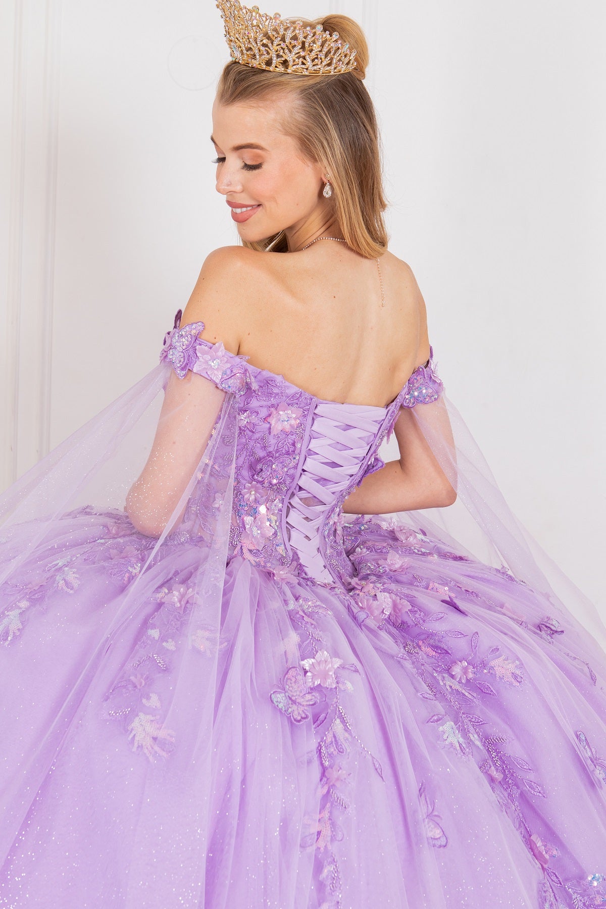Off Shoulder Quinceañera Ball Gown with 3D Floral Appliqué and Detachable Shoulder Train - 8075J