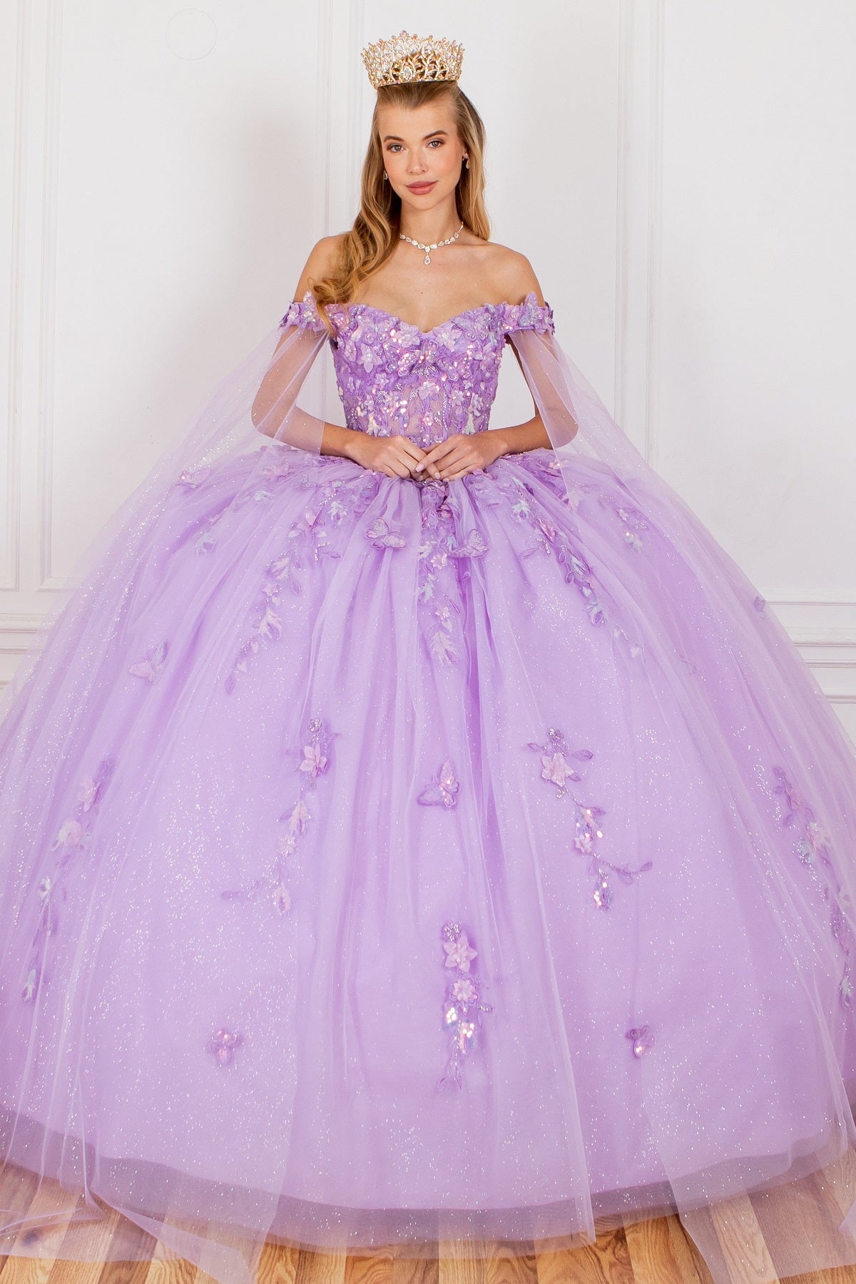 Off Shoulder Quinceañera Ball Gown with 3D Floral Appliqué and Detachable Shoulder Train - 8075J
