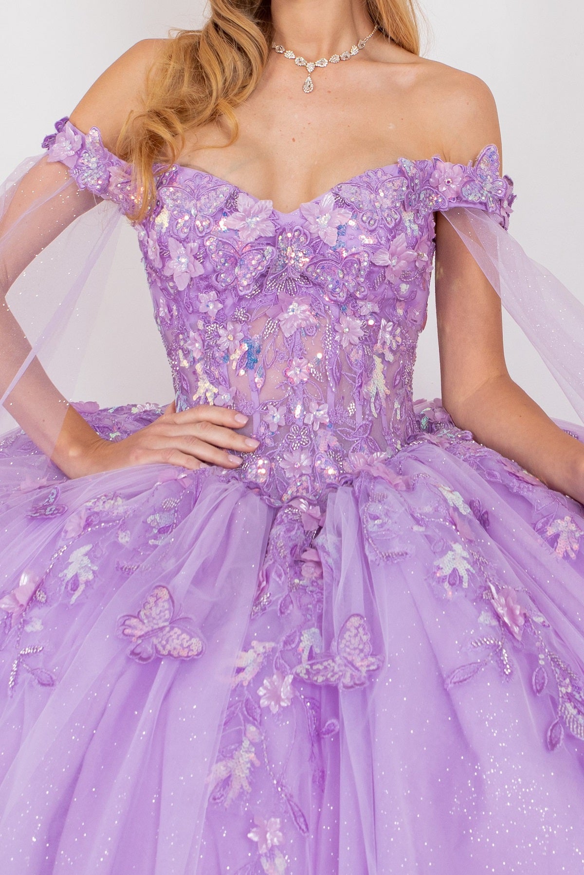 Off Shoulder Quinceañera Ball Gown with 3D Floral Appliqué and Detachable Shoulder Train - 8075J