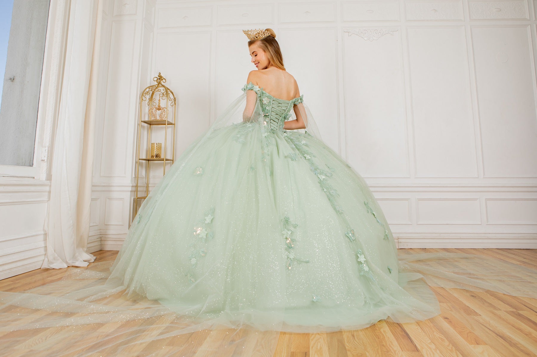 Off Shoulder Quinceañera Ball Gown with 3D Floral Appliqué and Detachable Shoulder Train - 8075J