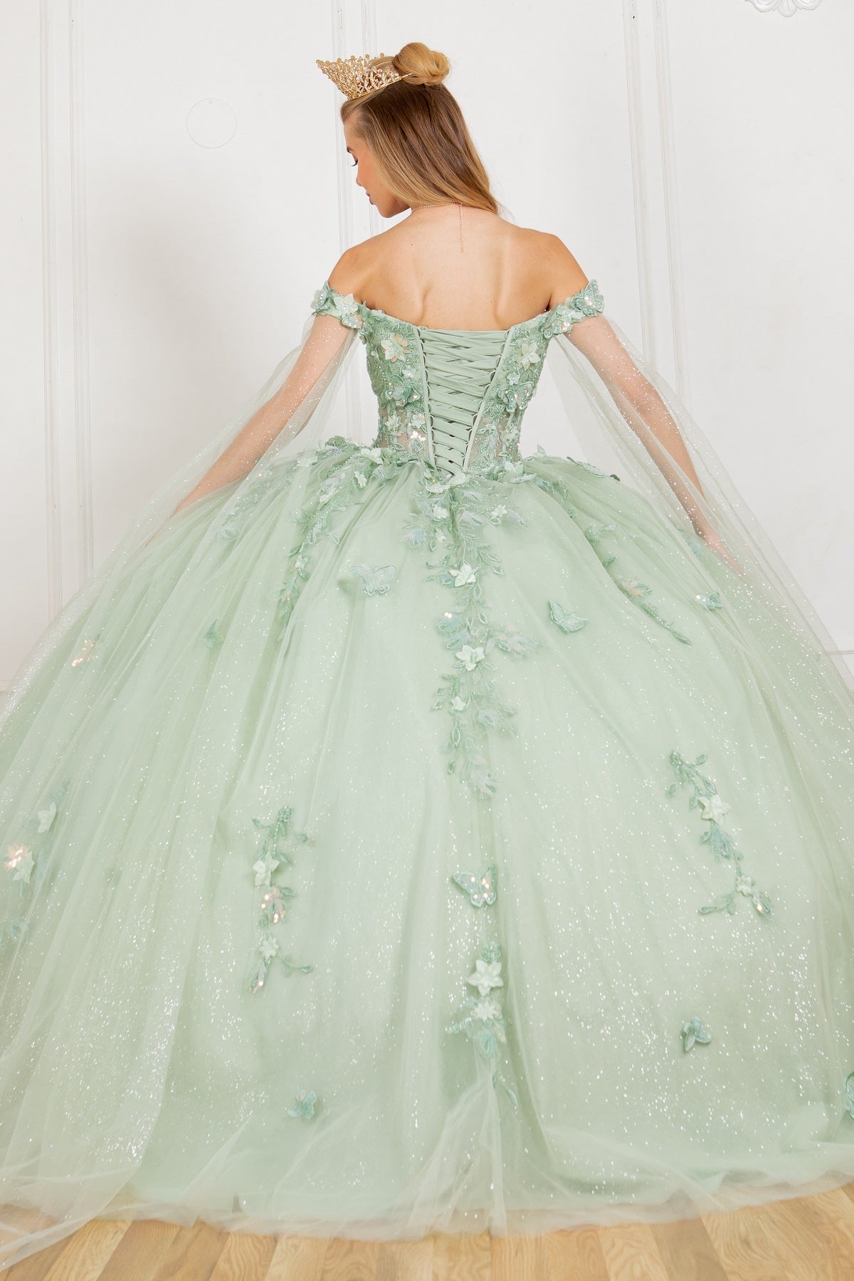 Off Shoulder Quinceañera Ball Gown with 3D Floral Appliqué and Detachable Shoulder Train - 8075J