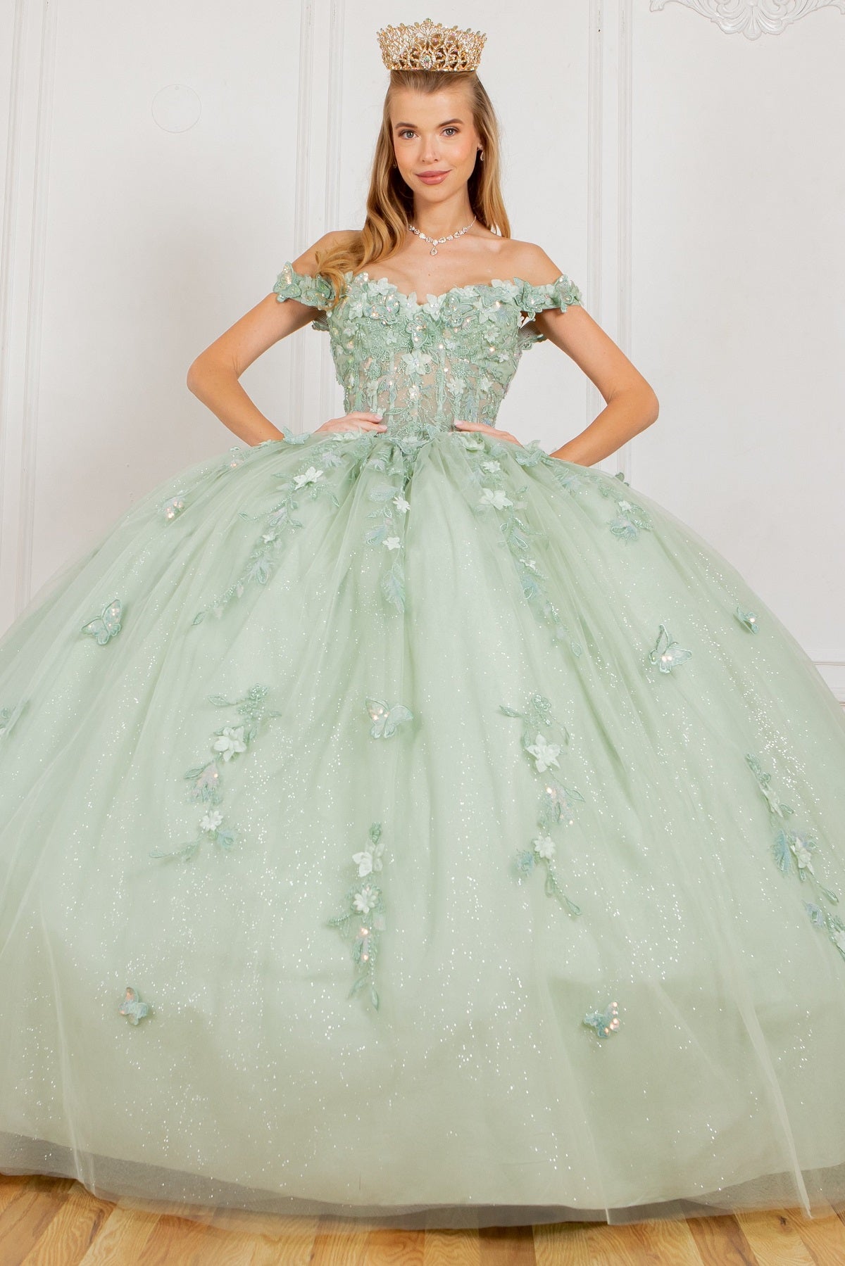 Off Shoulder Quinceañera Ball Gown with 3D Floral Appliqué and Detachable Shoulder Train - 8075J