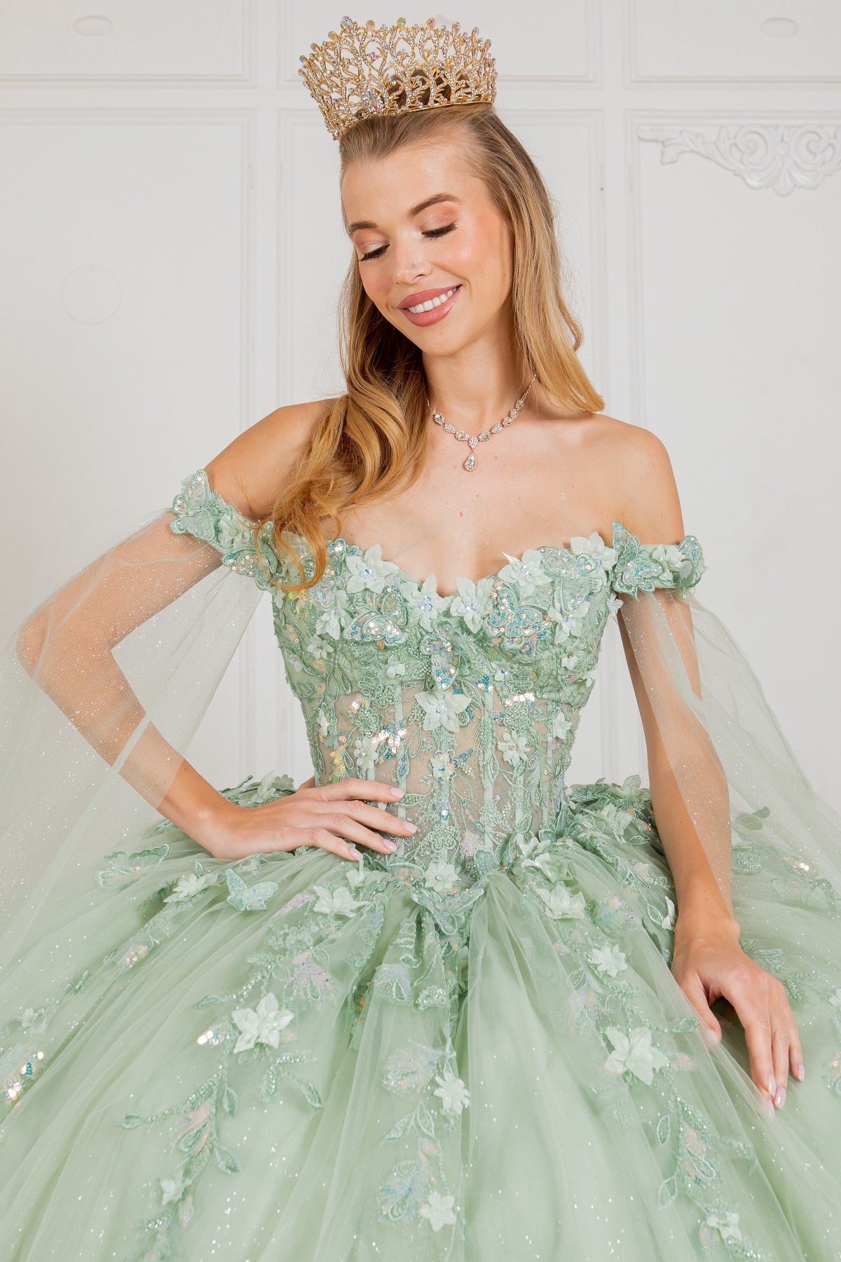 Off Shoulder Quinceañera Ball Gown with 3D Floral Appliqué and Detachable Shoulder Train - 8075J