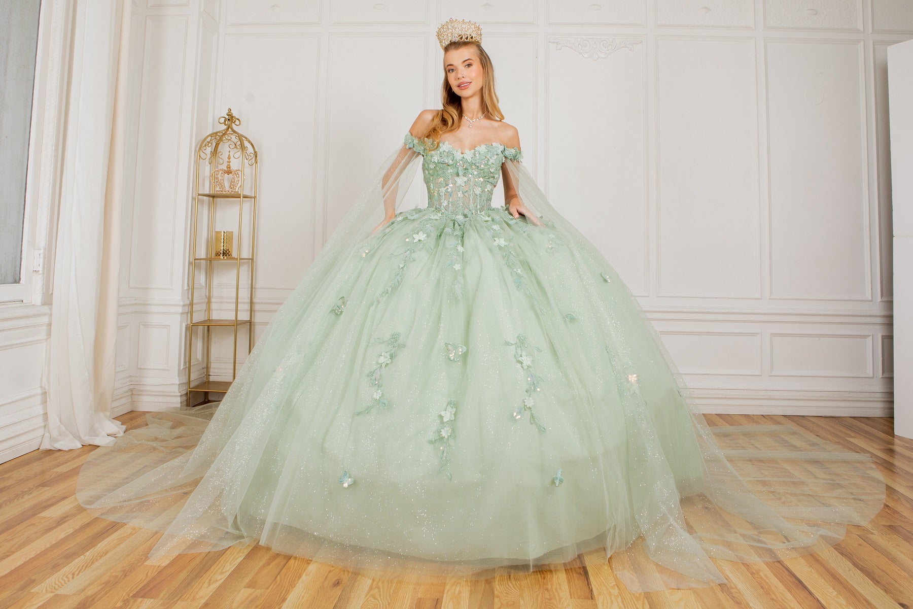 Off Shoulder Quinceañera Ball Gown with 3D Floral Appliqué and Detachable Shoulder Train - 8075J