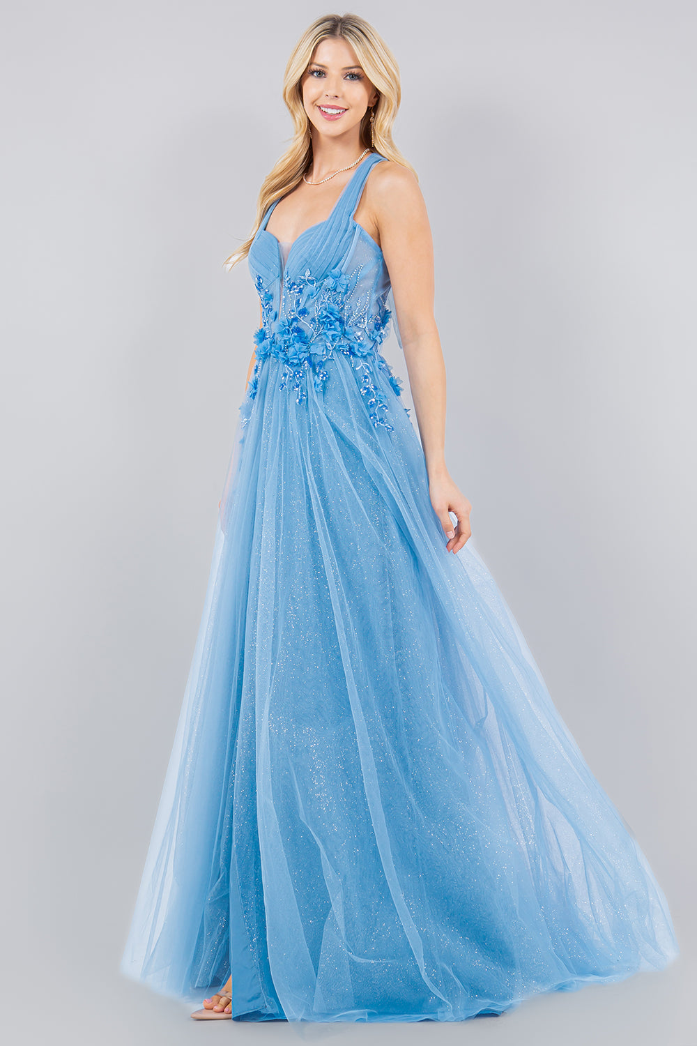 Floral Appliqué Glitter Tulle Prom Dress – Style 8076J