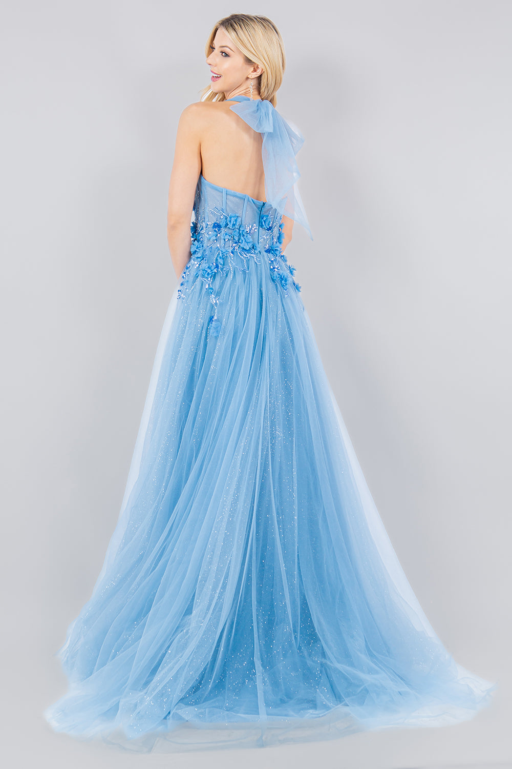 Floral Appliqué Glitter Tulle Prom Dress – Style 8076J