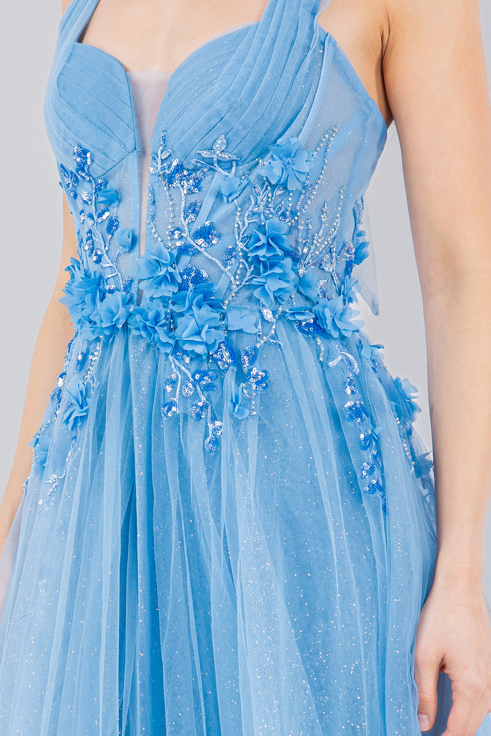 Floral Appliqué Glitter Tulle Prom Dress – Style 8076J