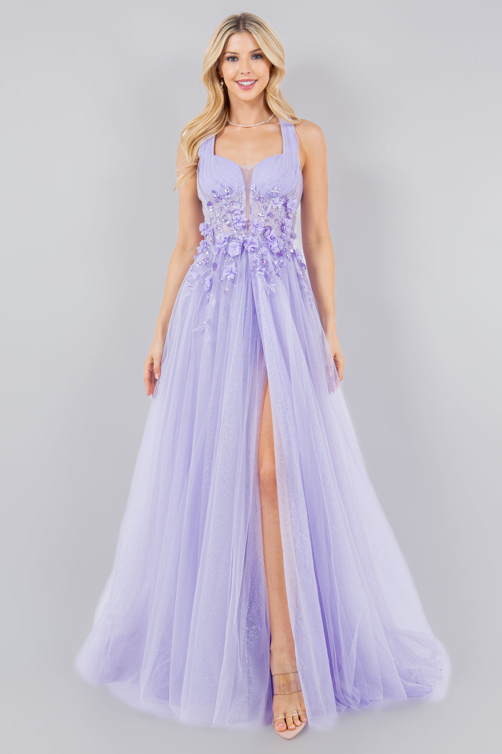 Floral Appliqué Glitter Tulle Prom Dress – Style 8076J