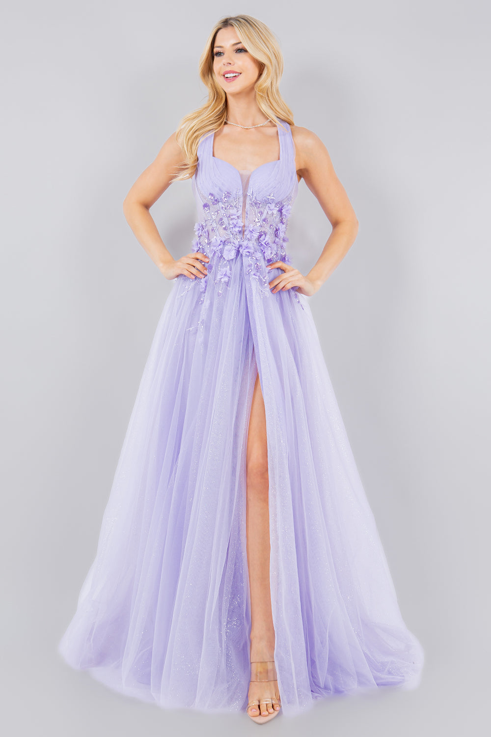 Floral Appliqué Glitter Tulle Prom Dress – Style 8076J