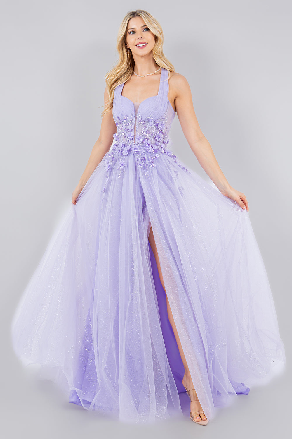 Floral Appliqué Glitter Tulle Prom Dress – Style 8076J