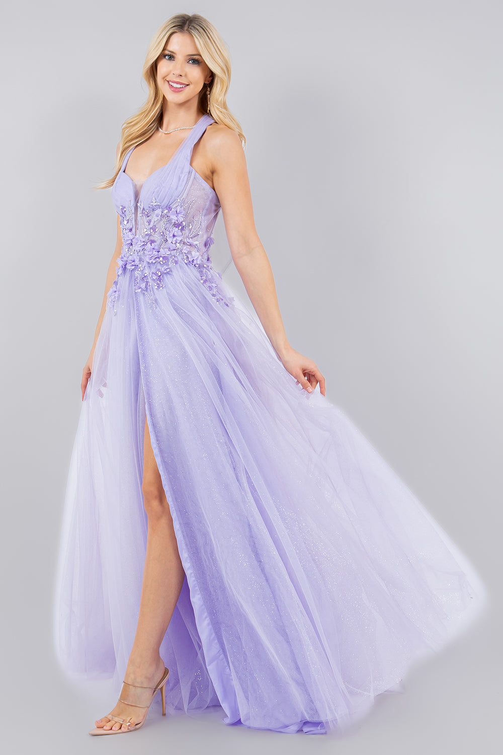 Floral Appliqué Glitter Tulle Prom Dress – Style 8076J