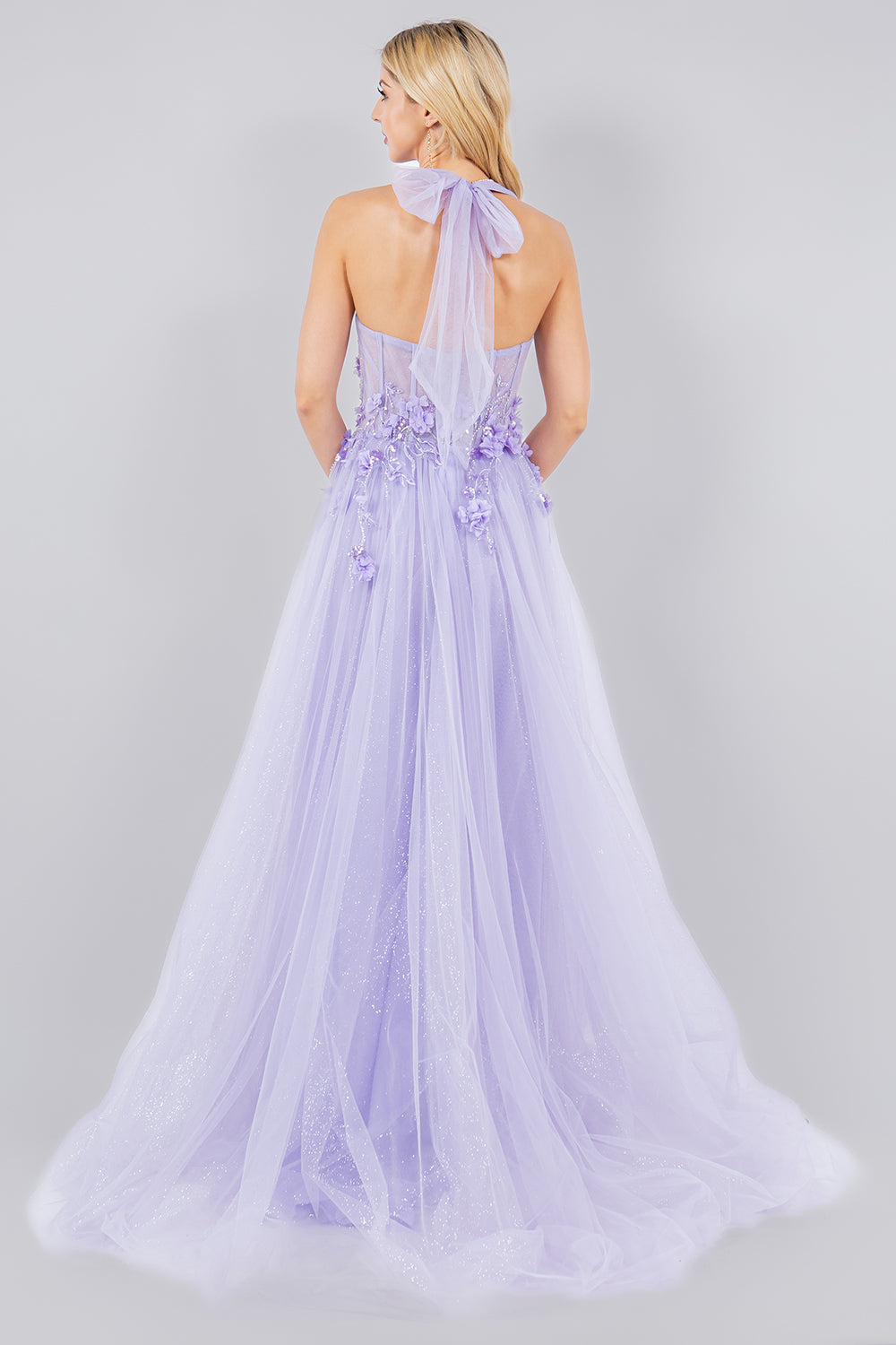 Floral Appliqué Glitter Tulle Prom Dress – Style 8076J