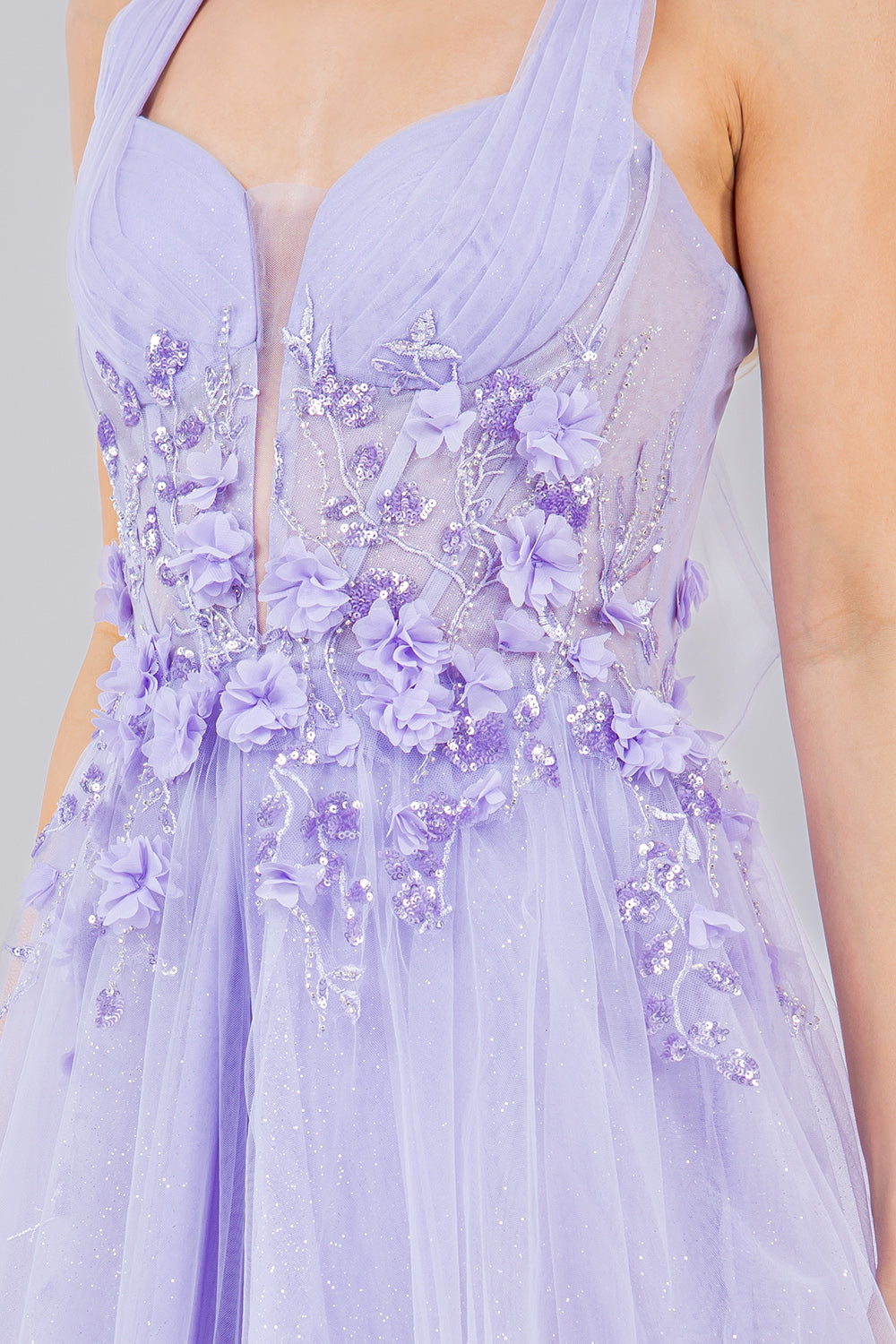 Floral Appliqué Glitter Tulle Prom Dress – Style 8076J