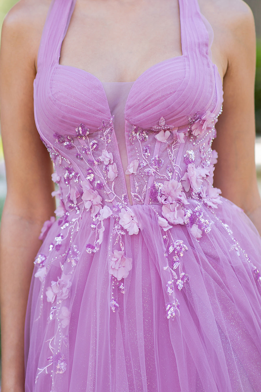Floral Appliqué Glitter Tulle Prom Dress – Style 8076J