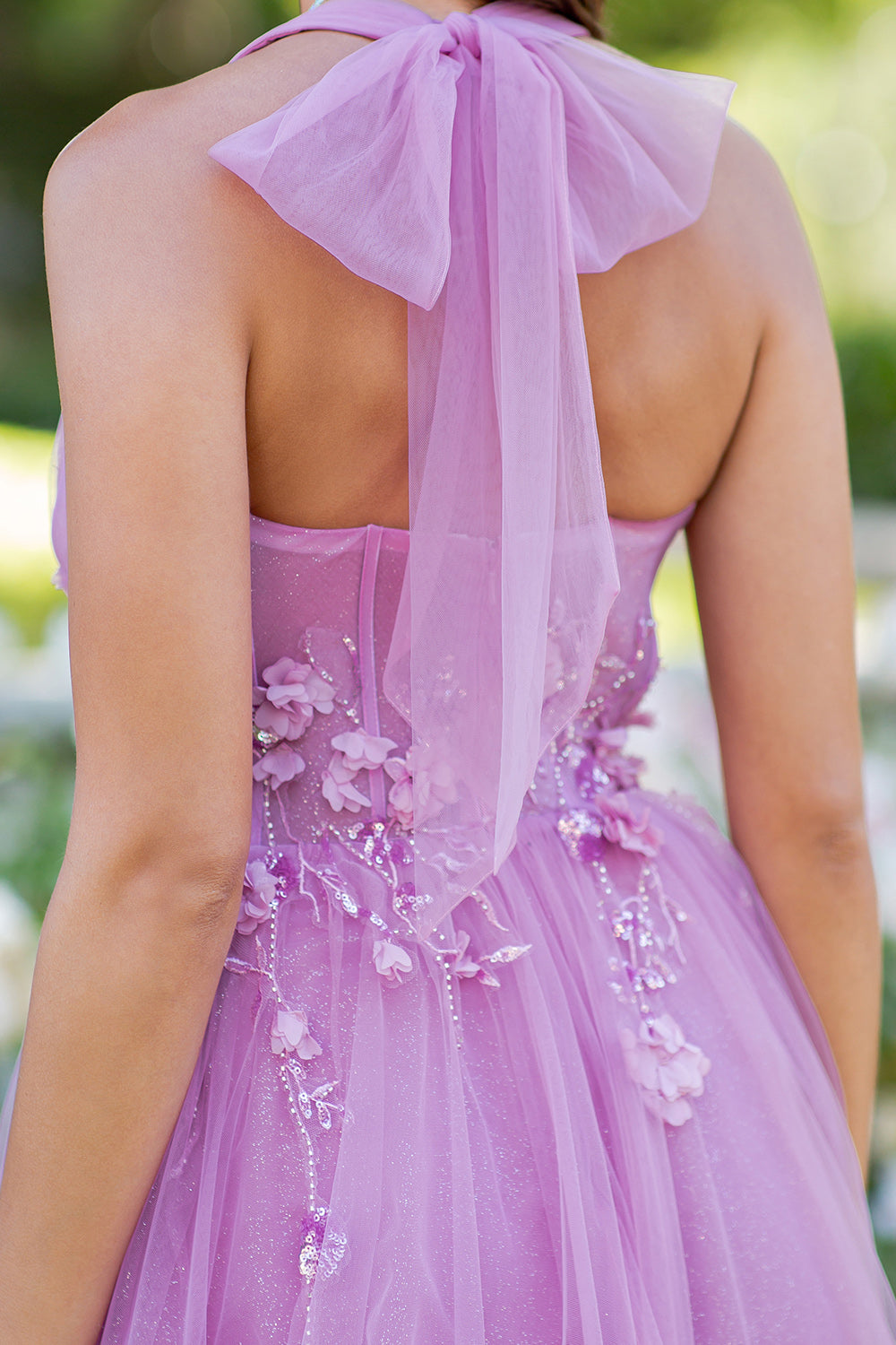 Floral Appliqué Glitter Tulle Prom Dress – Style 8076J