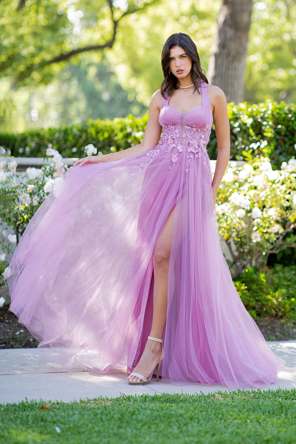 Floral Appliqué Glitter Tulle Prom Dress – Style 8076J