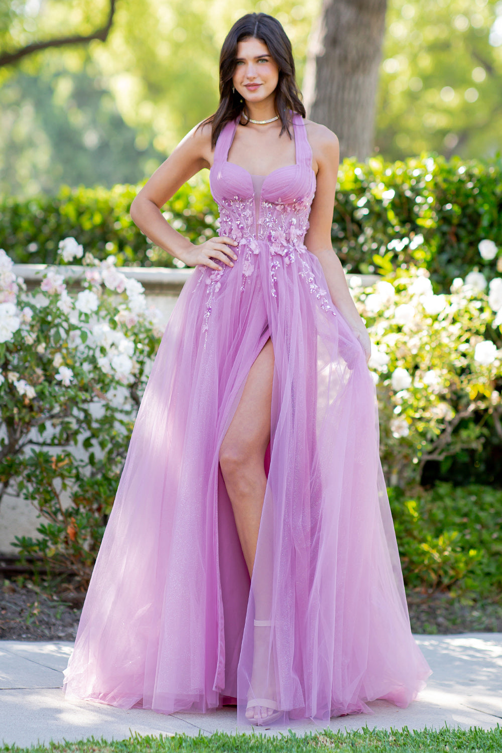 Floral Appliqué Glitter Tulle Prom Dress – Style 8076J