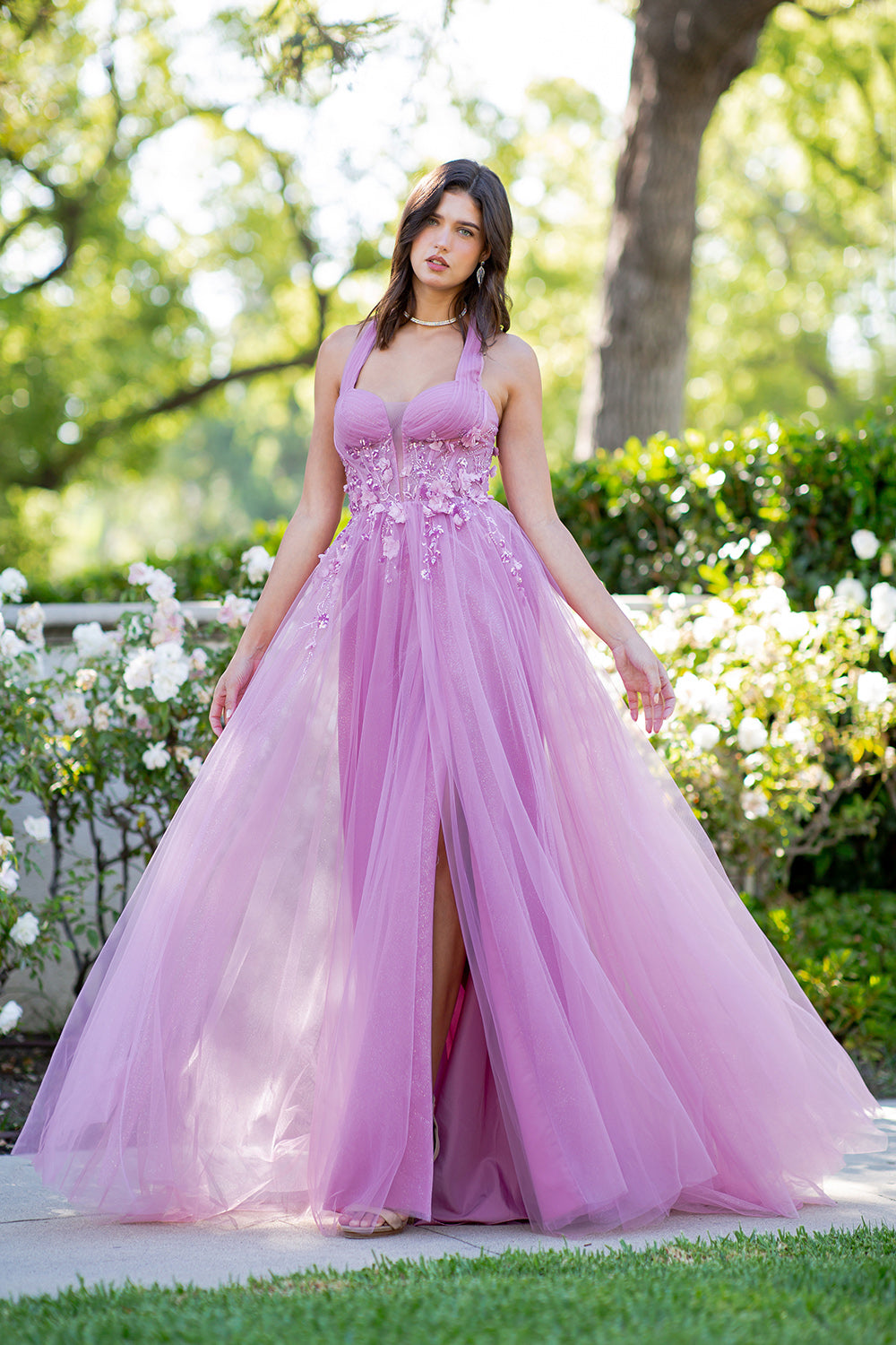 Floral Appliqué Glitter Tulle Prom Dress – Style 8076J