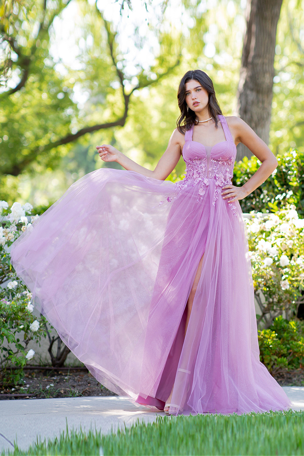 Floral Appliqué Glitter Tulle Prom Dress – Style 8076J
