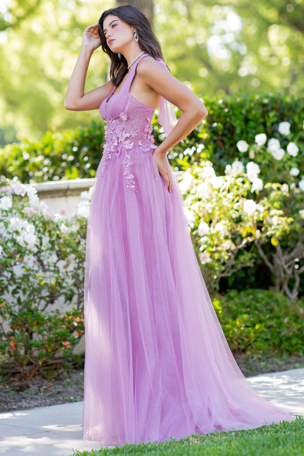 Floral Appliqué Glitter Tulle Prom Dress – Style 8076J
