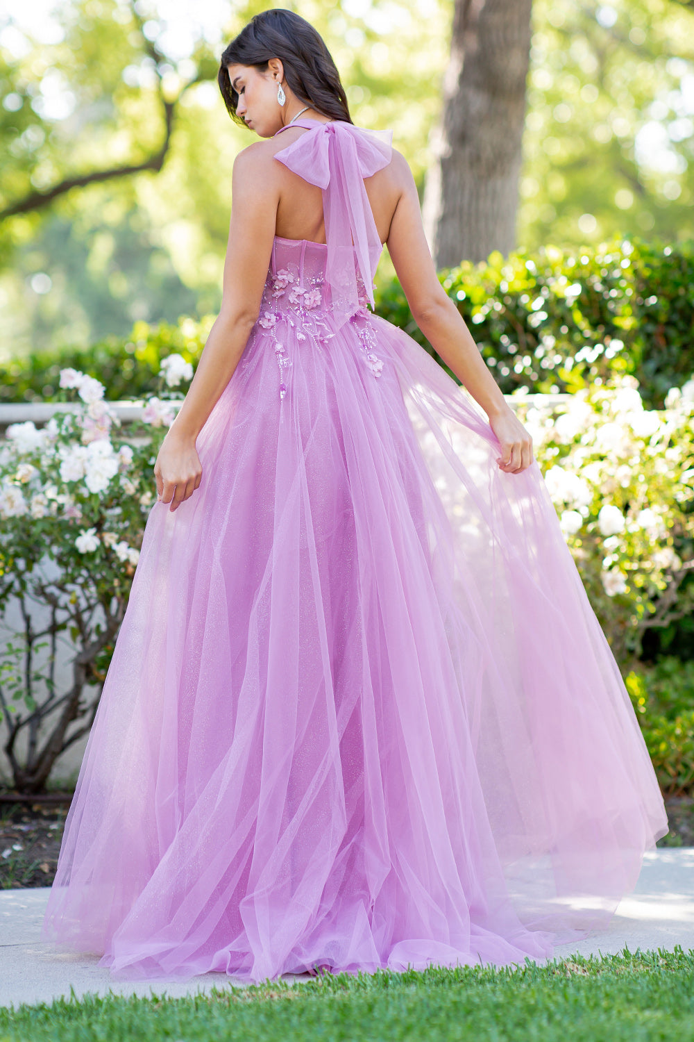 Floral Appliqué Glitter Tulle Prom Dress – Style 8076J