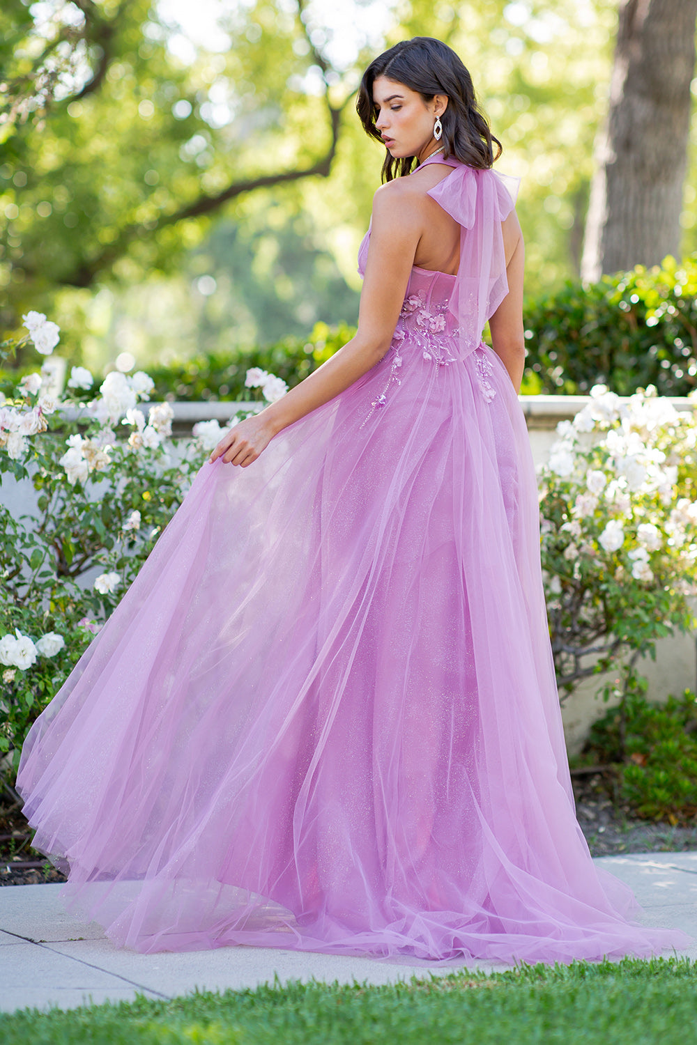 Floral Appliqué Glitter Tulle Prom Dress – Style 8076J