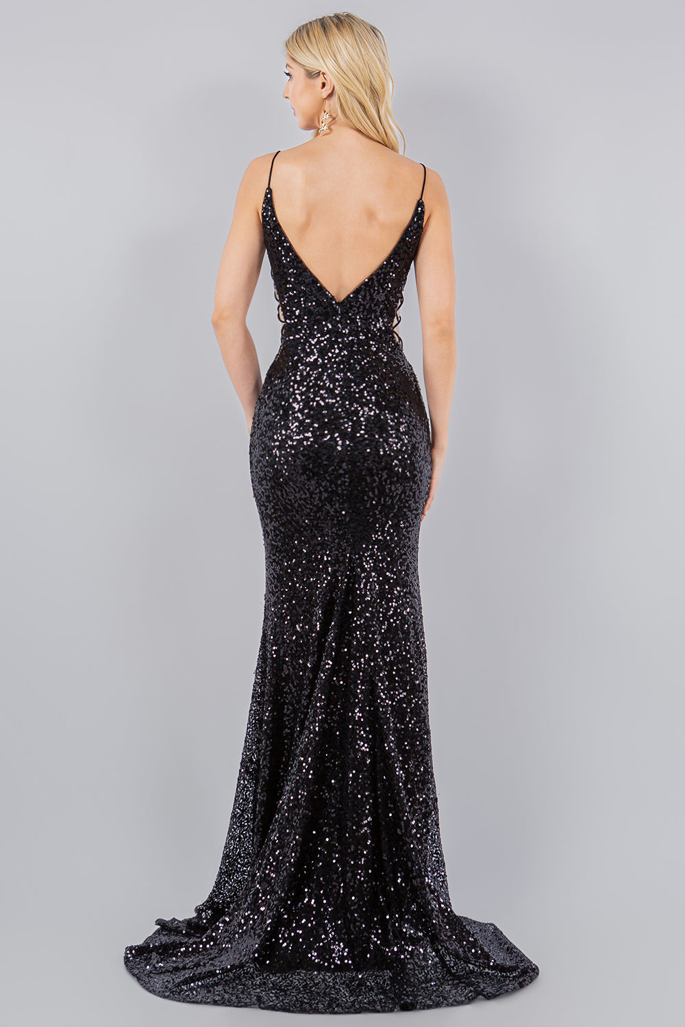 Glamorous Sequin Lace-Up Bell Bottom Gown - 8078J