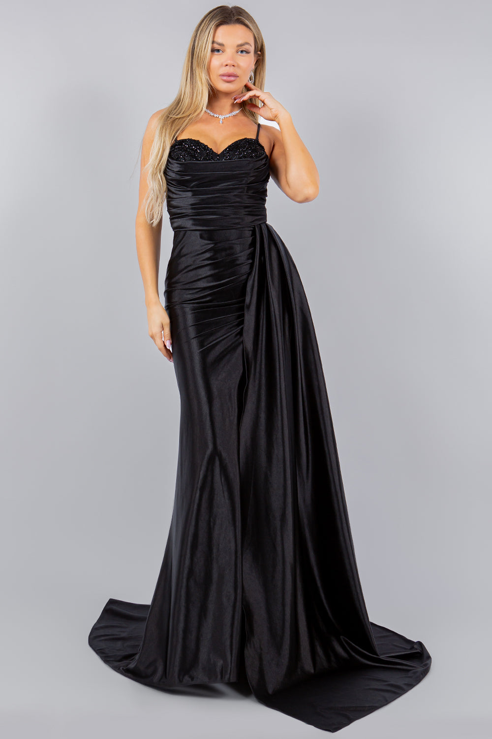 Luxe Satin Embellished Sweetheart Gown with Side Sash and Slit - 8082J